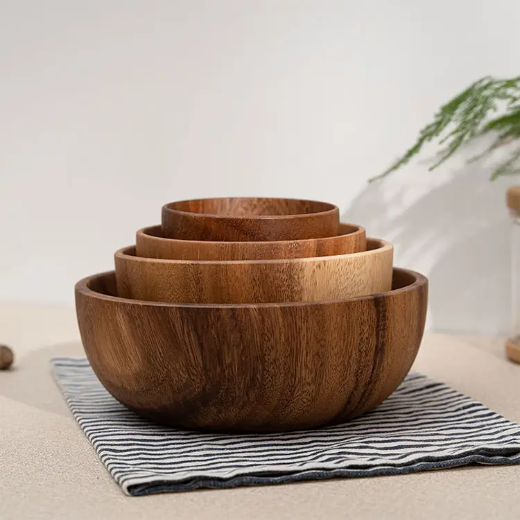 wholesale handmade cheap large small natural round acacia wood bowl wooden snack salad fruit food soup noodle dough bowl sets