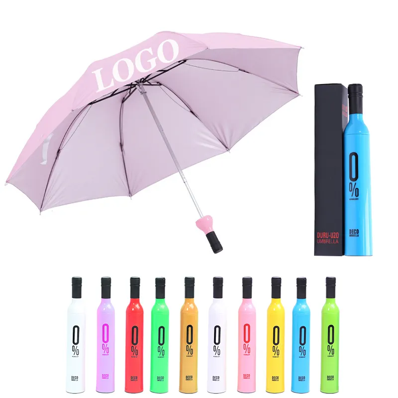 Druck Werbung Geschäft Geschenk Werbung Reisen Regen 3 mal faltbar Regenschirm individuelles Logo Weinflasche Regenschirme