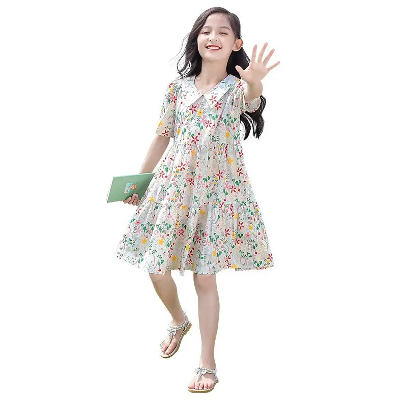Vestido floral de verão para meninas, saia de princesa de algodão estilo verão para meninos grandes e meninas, elegante e respirável, ideal para meninas, 2024