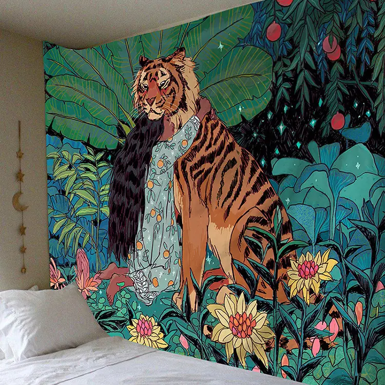 Rustico tessili per la casa bestia tigre ragazza pittura artistica coperta appeso a parete decorazione foglie di giungla arazzo