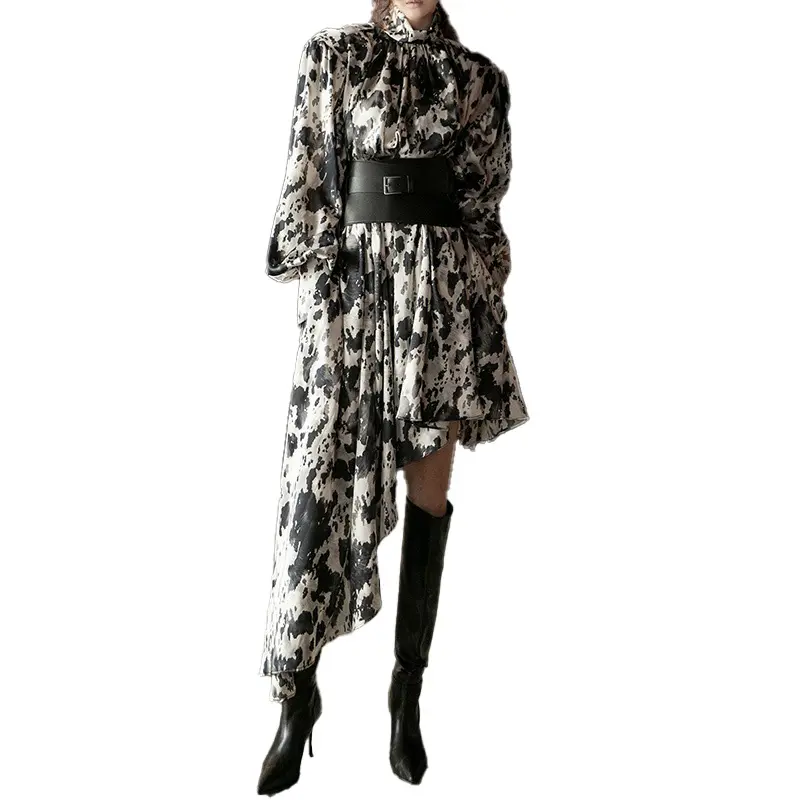 不規則な絞り染めスタイルのロングスカート2022新しいスタンドアップカラーシフォン斜め裾フローティングウエストドレープドレス