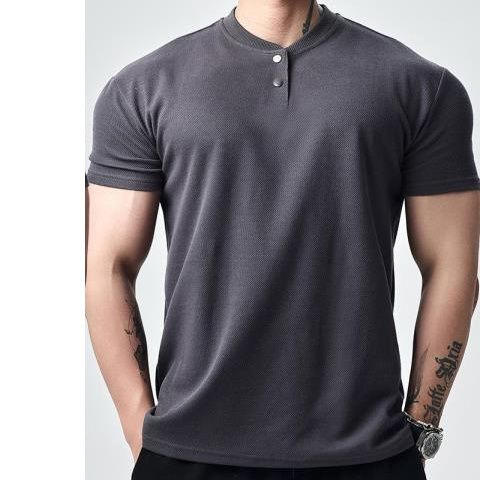 Abotonado Henry manga corta-azul gris