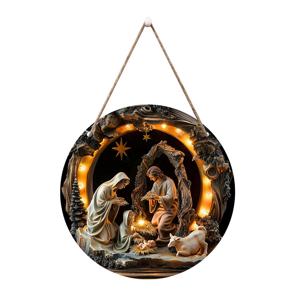 Spot Wooden Jesus Birth Baptism Circular Logo Wall Hanging Decoration for Bedroom Living Room Home Door Number Pendant
