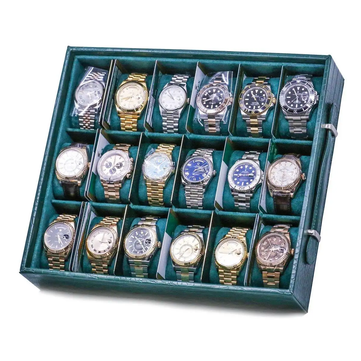 Custom Luxe Lederen Horloge Display Trays 18 Slot Met Top Horloge Opbergdoos