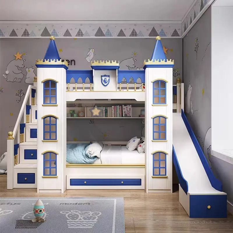 Château moderne pour enfants, toboggan pour maison, château en bois, lit superposé bleu avec cabane de jeu, toboggan en bois pour salle de sport dans la jungle
