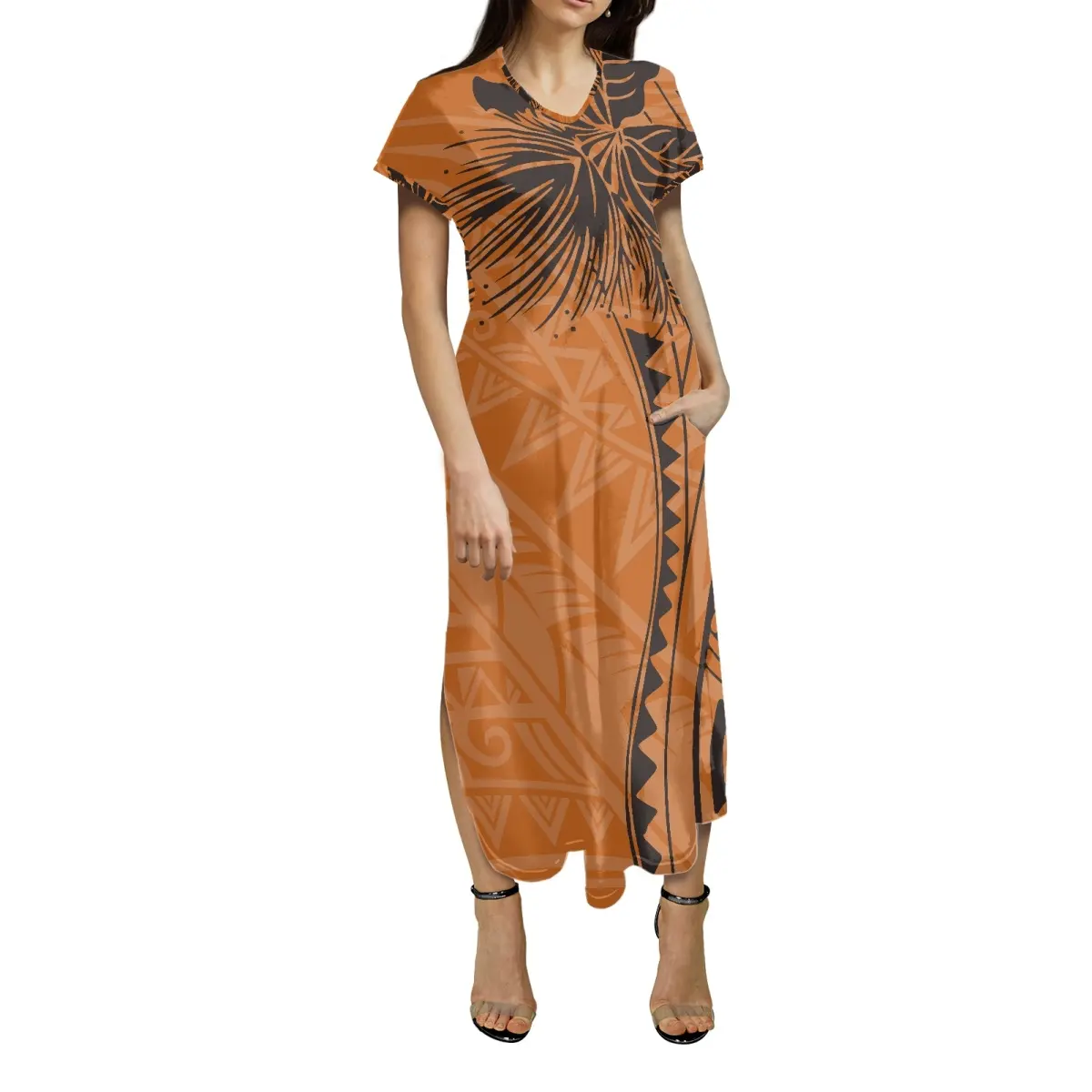 Hot Polynesian Palm Tree Samoan Tribal Print Vestido de mujer Sexy Slit Party Outfit con etiqueta privada personalizada Vestido de verano LOW MOQ