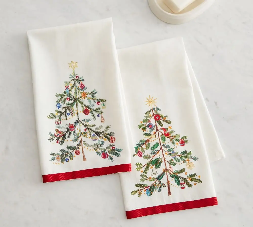 organic Cotton linen absorbent Christmas kitchen Towel pack embroidery Custom printed design reusable Kitchen Tea Towel set