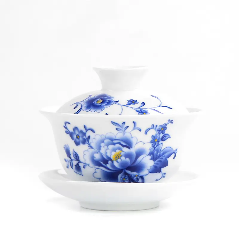 Gaiwan-juego de té de cerámica de porcelana blanca de alta calidad, cuenco con cubierta de Sancai, juego de té azul y blanco, tazón de té de 150ml