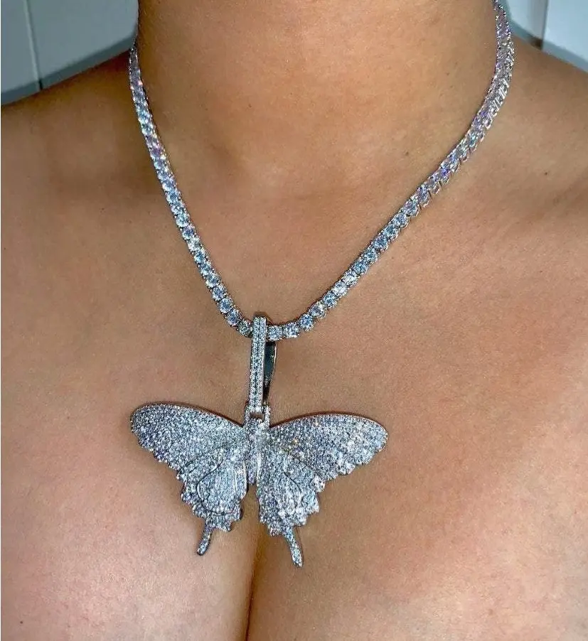 Promozione argento iced out gioielli da donna hip hop ice tennis chain choker 5A cz pavimentato collana con ciondolo a farfalla