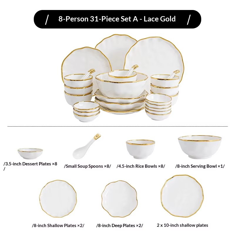 Juego de 31 piezas para ocho personas con plato redondo (borde dorado)