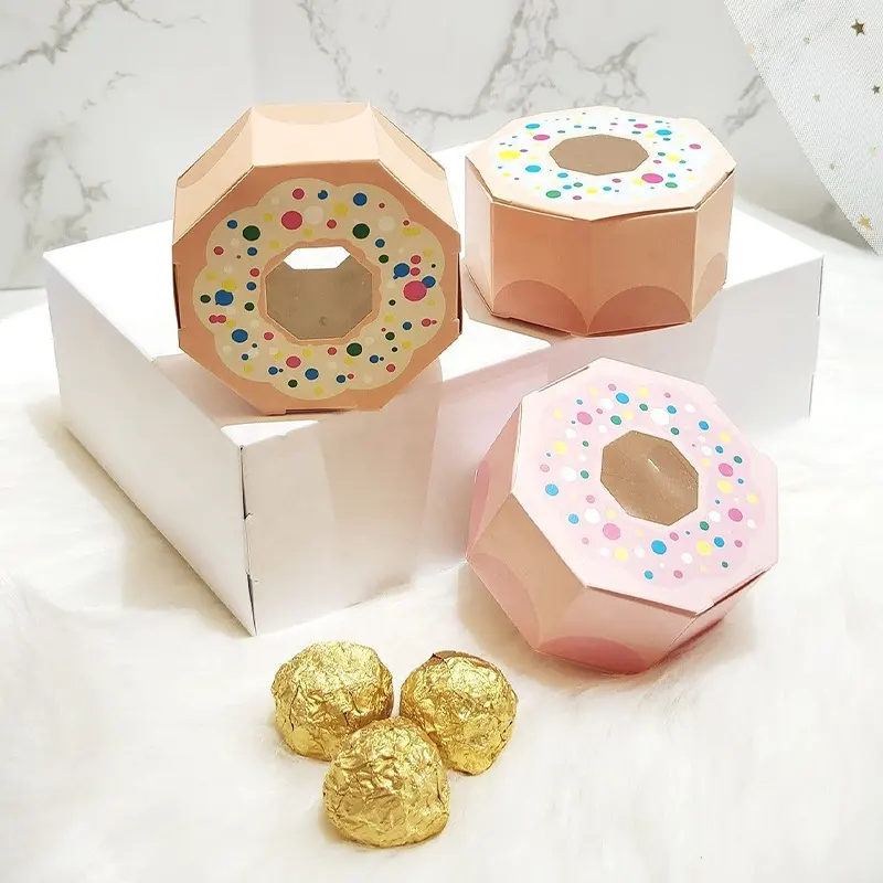 Boîte cadeau en forme d'hexagone, mignon, petit format, couleur rose, bonbons, donuts, emballage en papier carton blanc