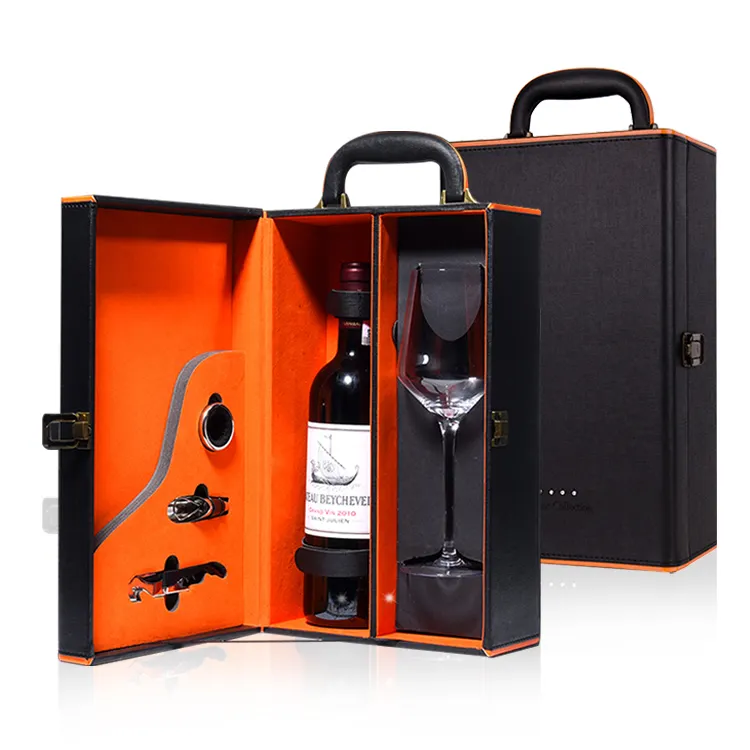 Conjunto de presente de luxo, caixa de embalagem de garrafa de vinho de couro portátil, embalagem de vidro, garrafa única, caixa de vidro de vinho transparente