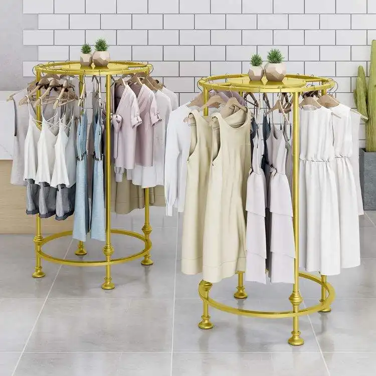 Custom Boutique Gold Garment Rack Floor Standing Clothing Shop Stainless Steel Round Metal Hanging Clothes Display Rack