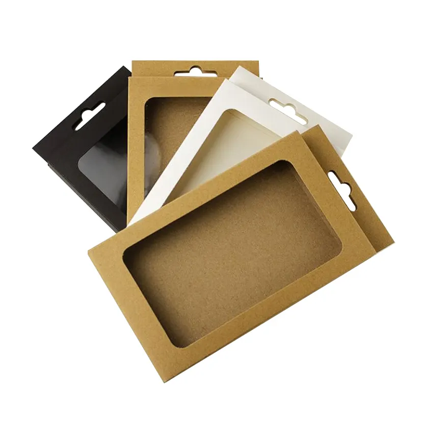 Scatola di carta kraft bianca/nera con finestra in pvc per custodia per cellulare, scatola di imballaggio per cassa del telefono al dettaglio universale fori per appendere