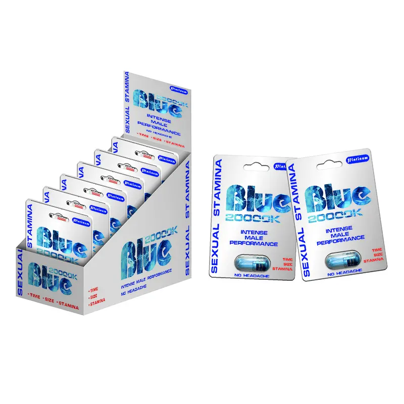 Caja de embalaje de 7 pastillas Blue Rhino y botella de cápsula de tarjetas 3D con tapa de metal azul