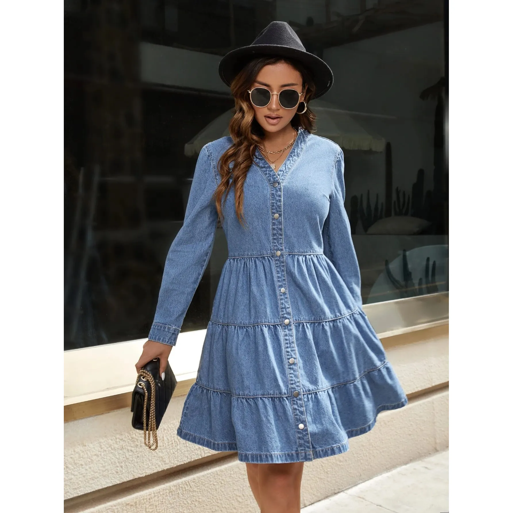 OEM&ODM Nice Enzyme Blue Color Overall with Collar and Long Sleeves Lady flounced skirt Denim Dress