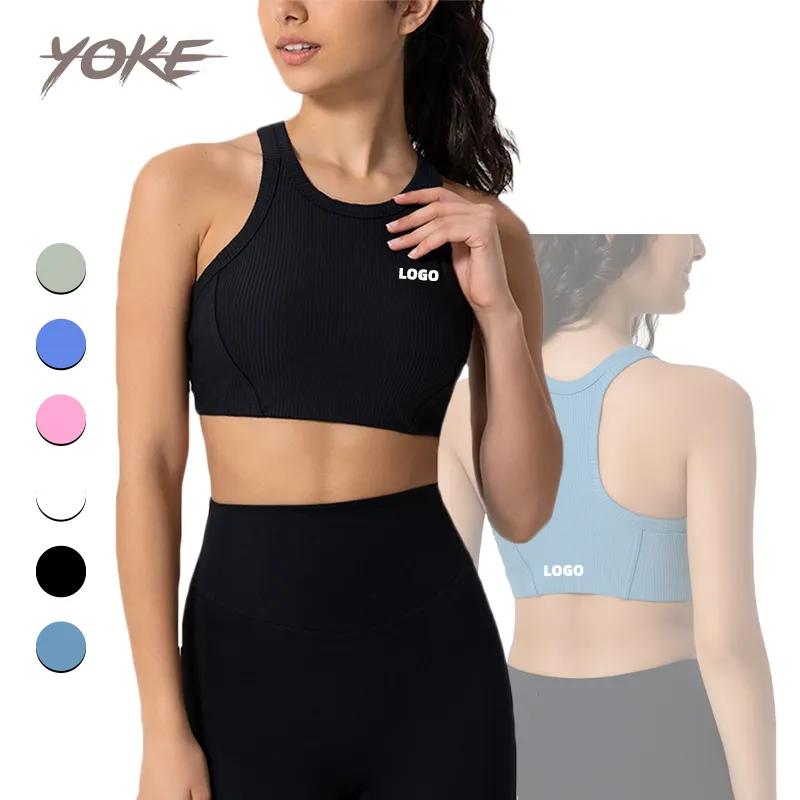 YK Ribbed With Pad High-Neck Elastic Skin-friendly High-Strength Hot Images Underwear Shock-Proof Push-up Women Sexy Sports Bra