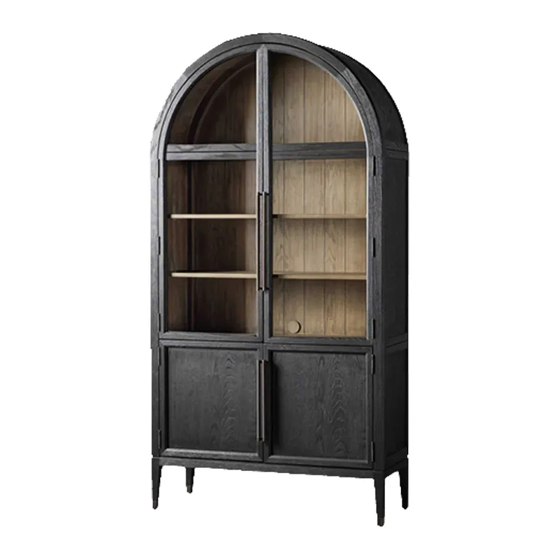 Librería de madera maciza de lujo con luz americana, armario lateral nórdico, puertas de vidrio arqueadas negras, armario de vino vintage francés decorado