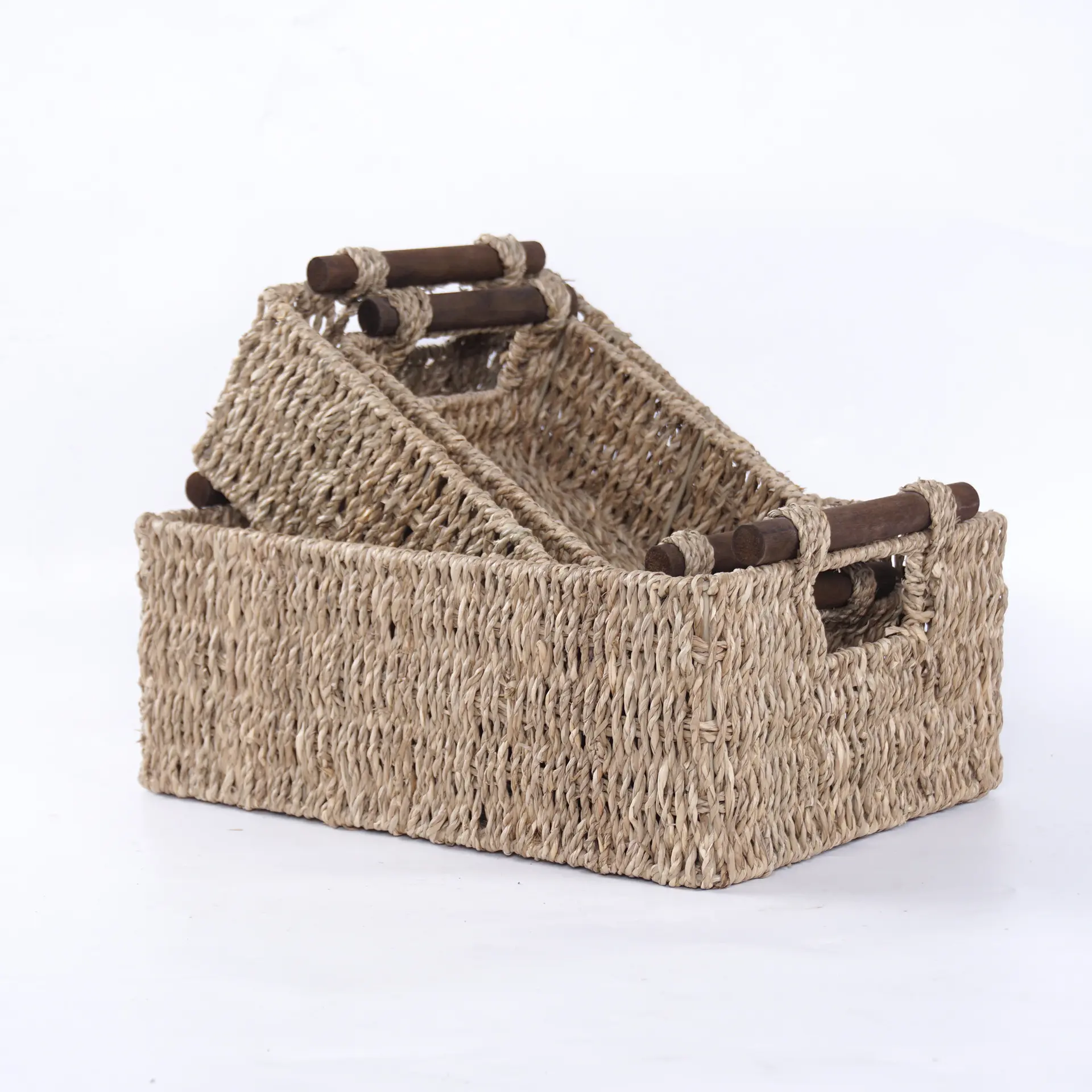 Conjunto de três cestas retangulares de tecido ecológico para armazenamento de ervas marinhas com alças em jacinto de água