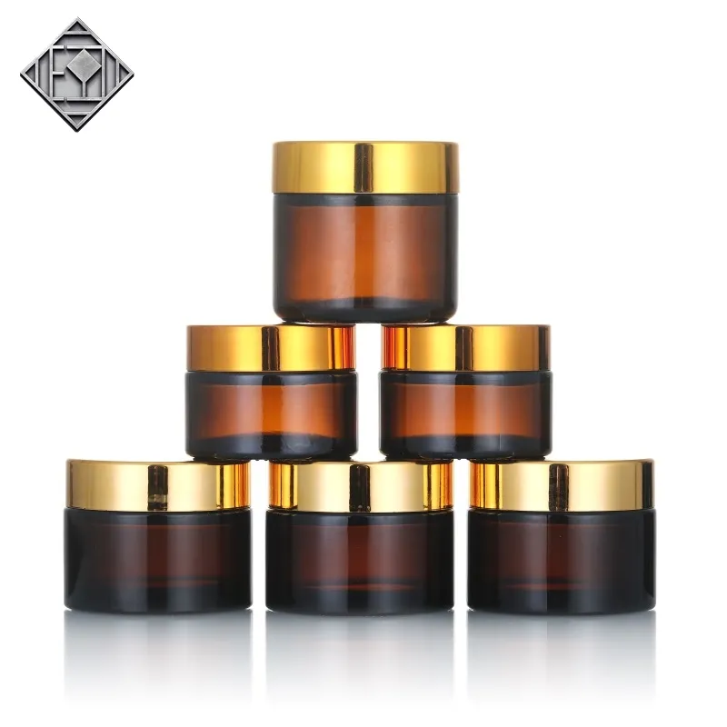 Wholesale Empty 10G 50G 100G Special Design Amber Glass Cosmetic Body Cream Soap Jar With Gold Lids