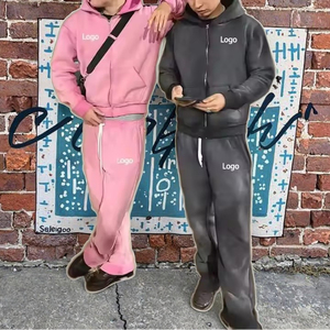 Setelan Jogging kustom Vintage untuk pria, baju olahraga cuci asam Zip-Up dengan Hoodie dan celana panjang menyala kaki lurus - Product Image 2