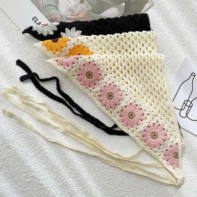 Bandanas florales de ganchillo para el pelo para mujer, pañuelo de margaritas, diadema Vintage para la cabeza para niña