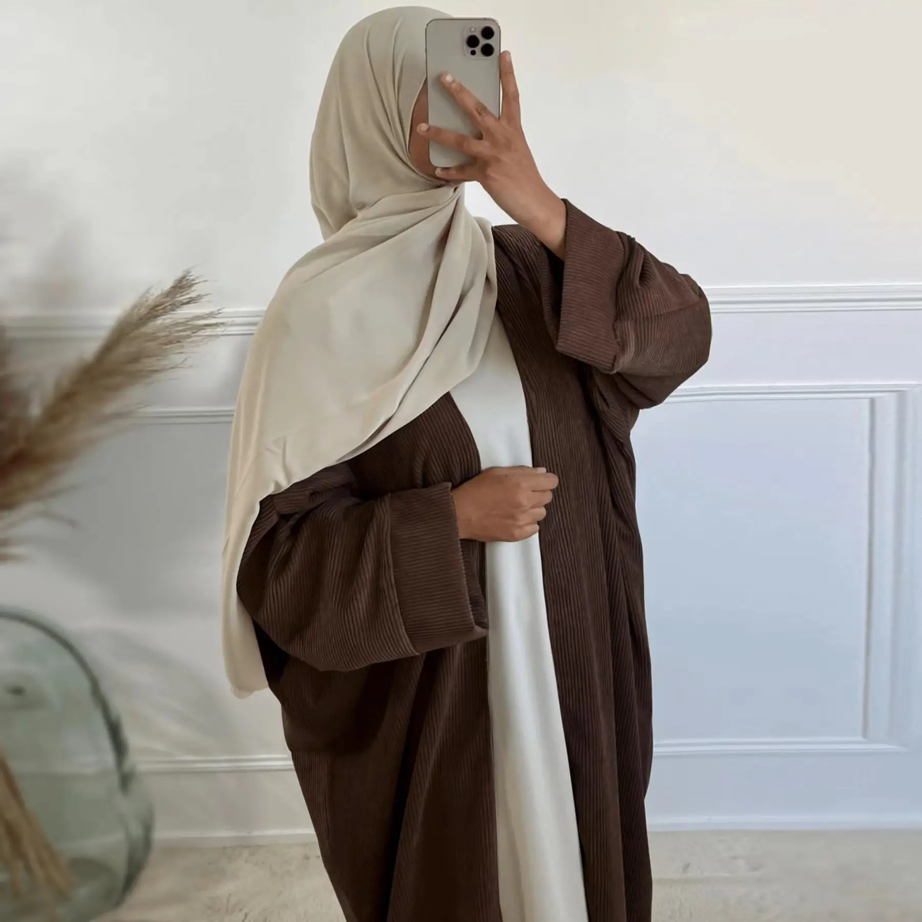 Hoge Kwaliteit Winter Corduroy Abaya Met Zijzakken Dikke Warme Eid Ramadan Islamic Moslim Vrouwen Lange Mouw Bescheiden Jurk