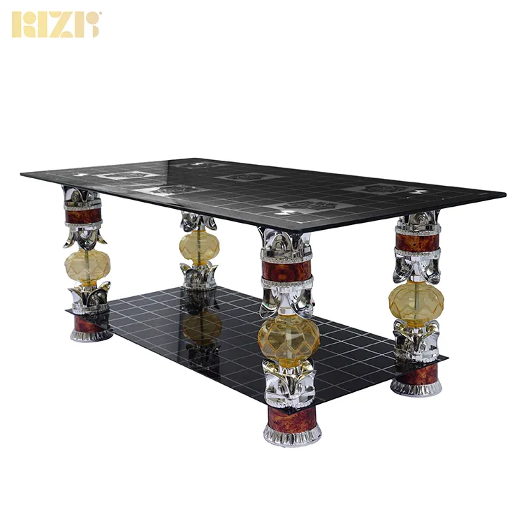 Tavolini rettangolari di vendita caldi piano in vetro temperato nero con ripiano inferiore in vetro, tavolino con gambe in cristallo moderno