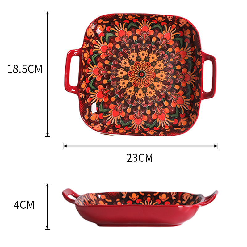Red flower double-ear square plate