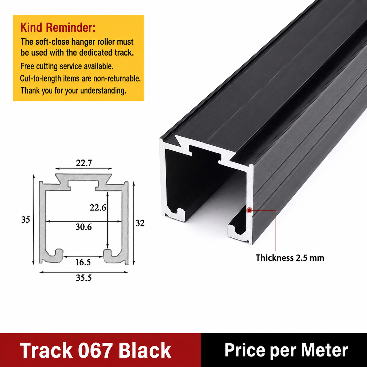 Rail de suspension dédié pour porte escamotable 067 (1 M) BK