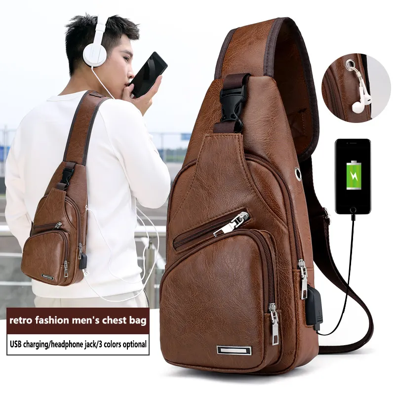 Mochila transversal de couro masculina, bolsa viagem à prova d'água com usb