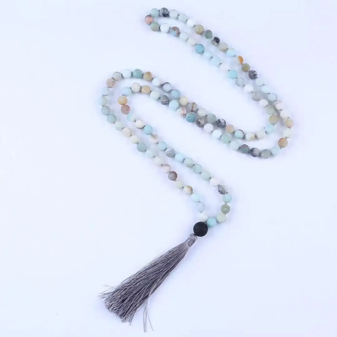 Anudada a mano de piedras preciosas 108 cuentas de seda borla Mala collar de perlas para Yoga y meditación
