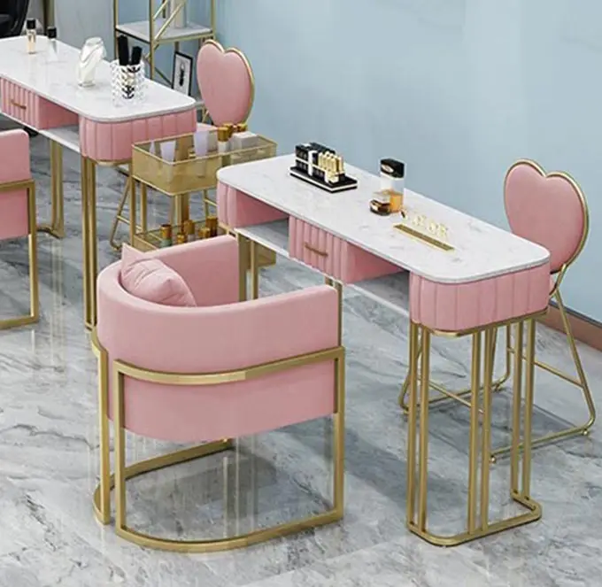 Neuankömmling Modern Style Beauty Salon Möbel Rosa Samt Marmor Salon Nagel Maniküre Tisch