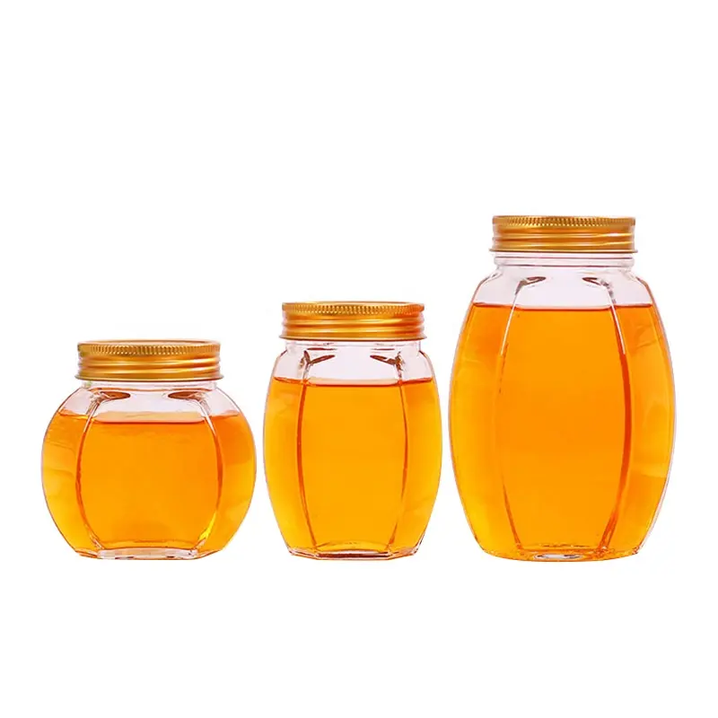 Groothandel glazen pot hexagon honing jar verpakking met metalen lis