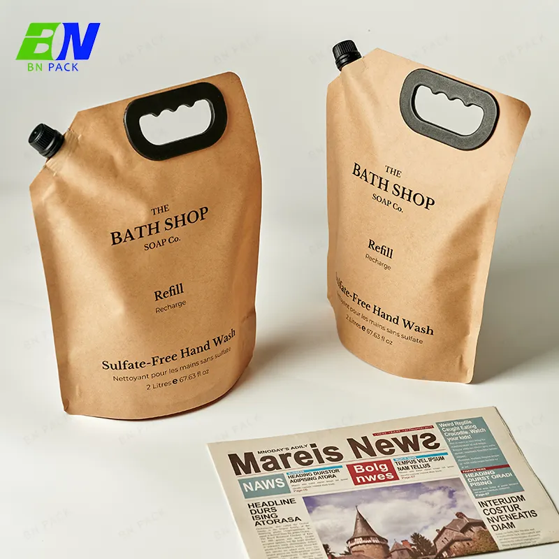 Bolsa de embalagem líquida de papel Kraft biodegradável ecológica, sacola de bebidas personalizada, bico para recarga de shampoo, sacola de bebidas, bico para bebidas