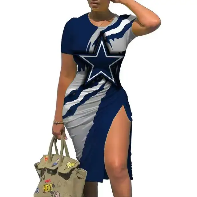 Custom Plus Size O Pescoço Vestido Casual Senhoras Manga Curta Vestido Bodycon Irregular Futebol Lace Up Slit Dress