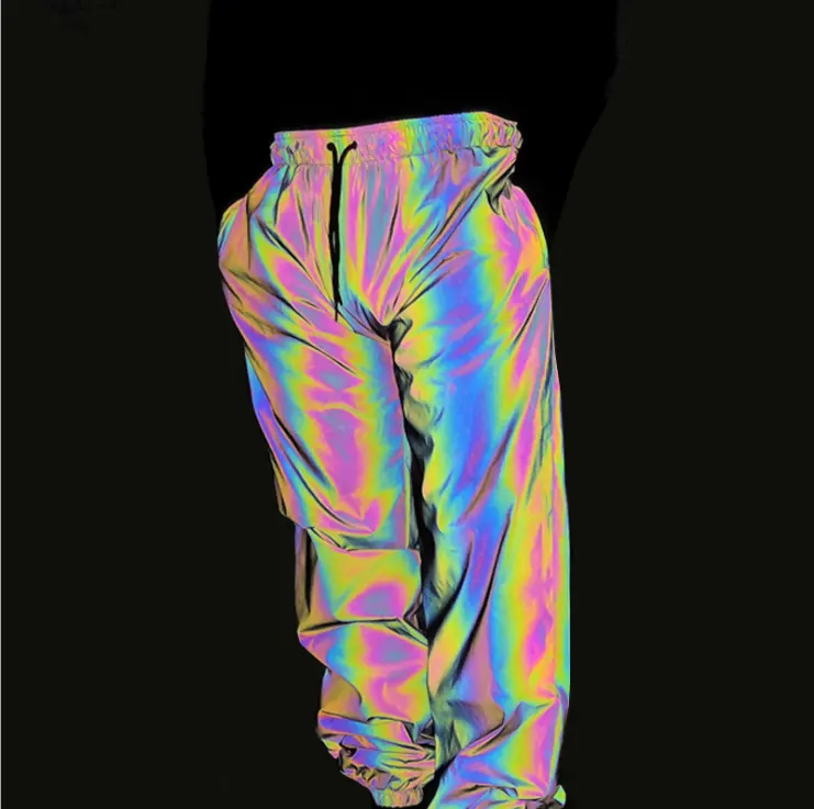 Cina commercio all'ingrosso di alta luce unisex coulisse fodera in rete multi colore dell'arcobaleno di modo riflettente pantaloni per la notte da corsa di sicurezza