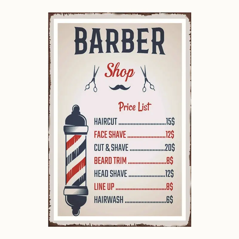 Pôster de parede de metal para loja de barbeiro, lista de preços de barba, pôster de lata para casa, decoração retrô, placa de café, clube, cozinha