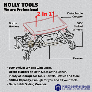 汽车修理工具机械凳子滚动工作座椅，带可分离的可拆卸爬行器可锁定旋转轮和储物盒