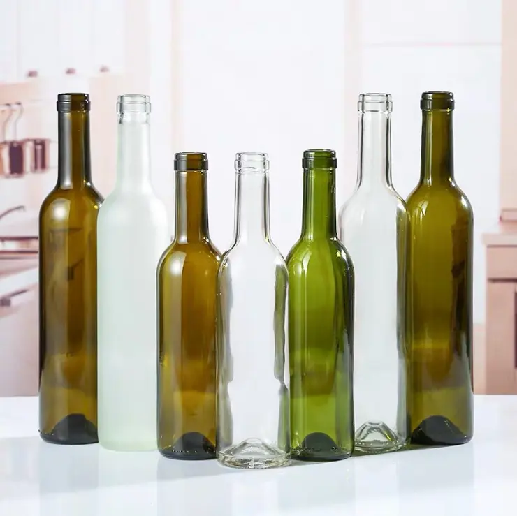 Etiqueta personalizada 200ml 250ml 375ml 500ml 750ml 1000ml de uísque vinho tinto rolhas de cortiça garrafas cap geada verde garrafa de vinho de vidro transparente