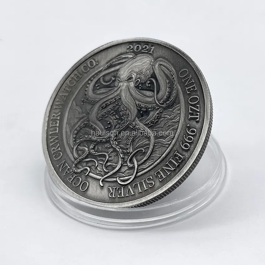 Moneda de recuerdo de plata fina personalizable, de alta calidad, one ozt .999, plata antigua, hastr cthulhu Kraken/Poseidon, como regalo