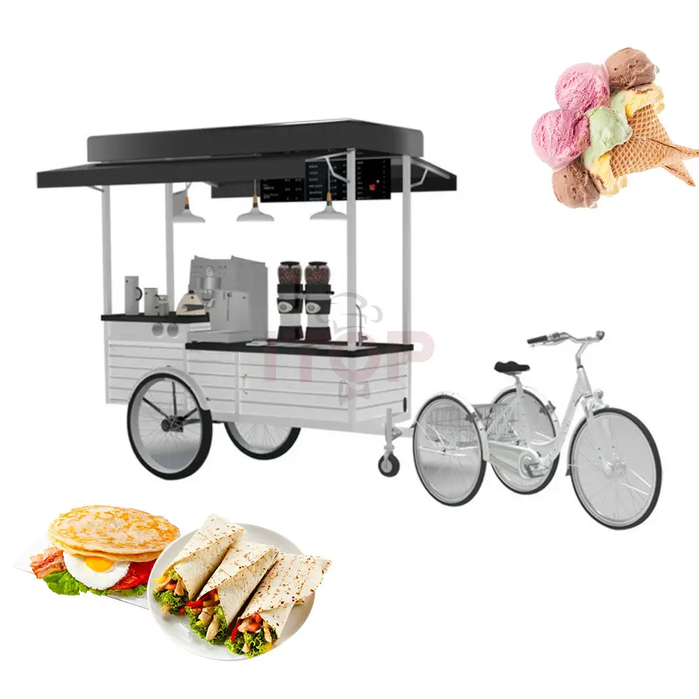 Carrinho para bicicleta de carga com 3 rodas, carrinho de envio de alimentos para bicicleta de rua com reboque de alta padrão de creme de café