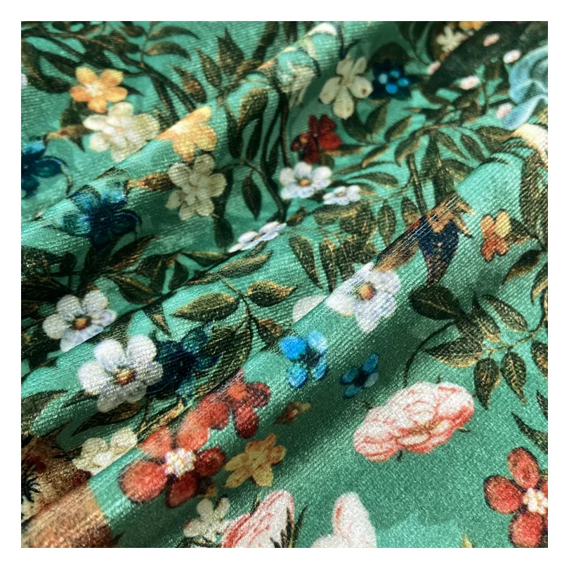 Terciopelo verde 95% poliéster 5% spandex urdimbre tejido floral estampado digital tela de terciopelo coreano para ropa de vestir