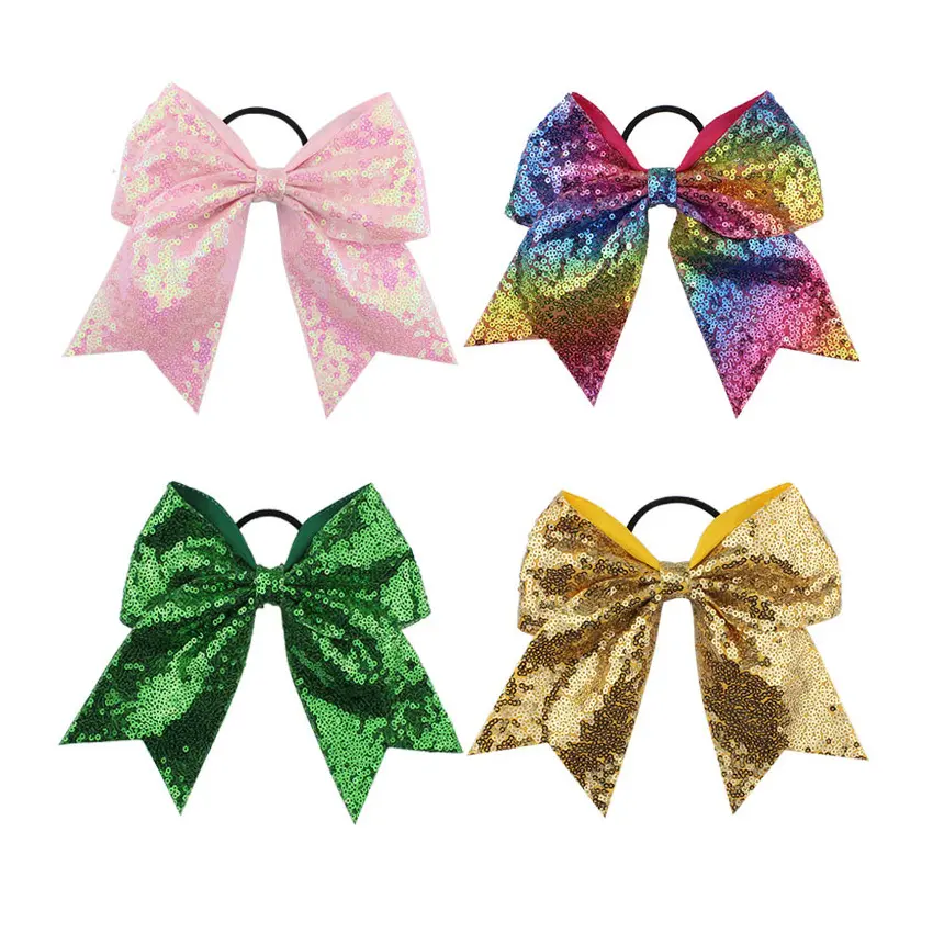 Vendita calda paillettes Glitter grandi grandi fiocchi Bowknot Cheerleader cravatte per capelli accessori fascia per capelli arcobaleno elastici per capelli per ragazze