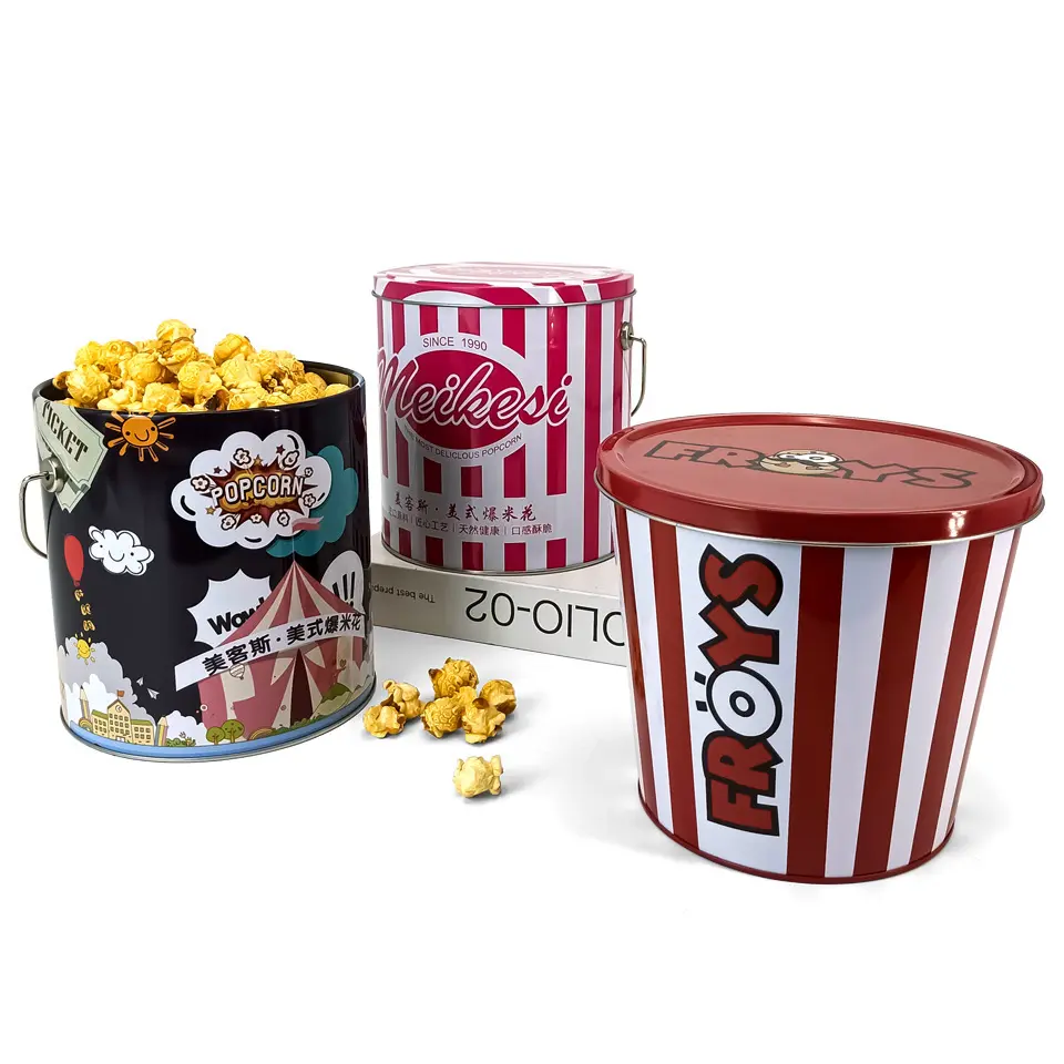Hot Sale Food Grade Custom Empty Popcorn Tin Bucket With Handle