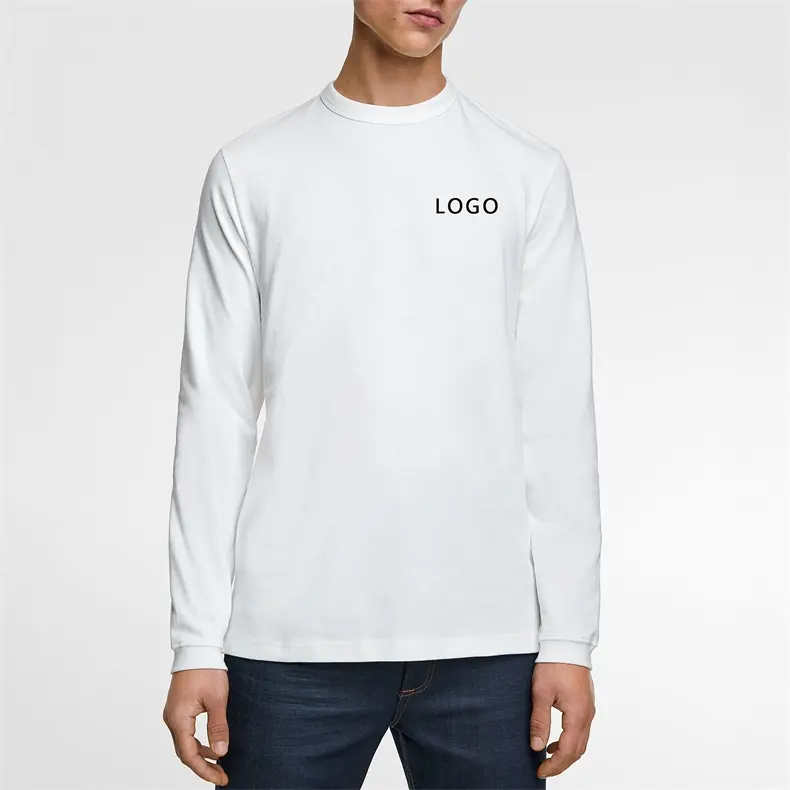 T-shirt basic da uomo bianca tinta unita bianca a maniche lunghe con logo personalizzato