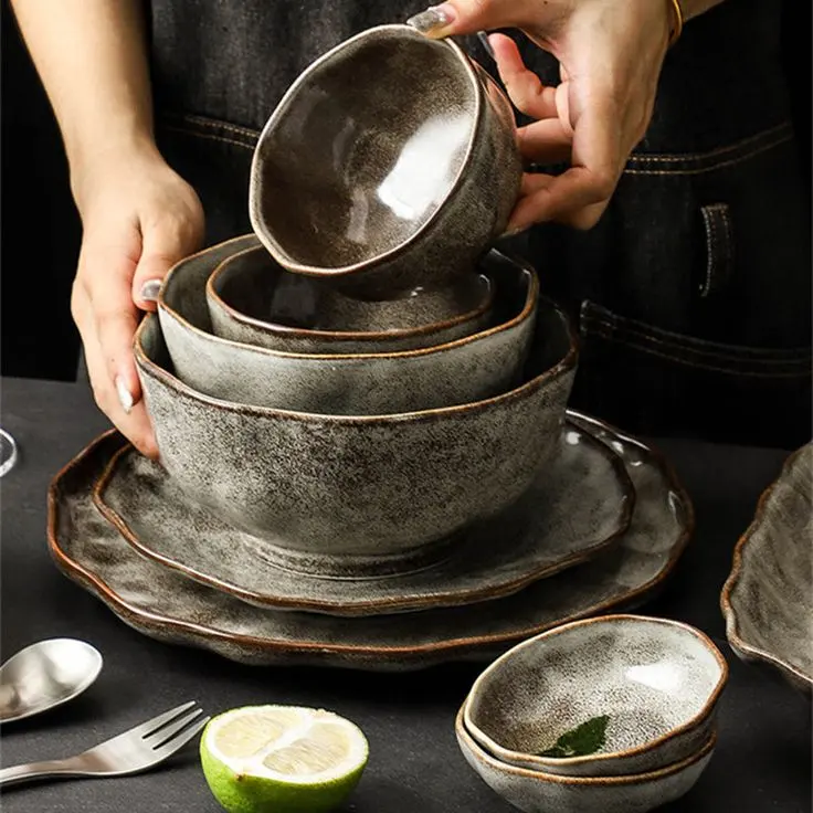 INS empilable créatif porcelaine pierre Platos vaisselle nordique rustique Chef assiette en céramique Scandinave Restaurant dîner ensemble plats