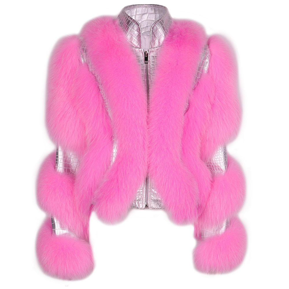 Embossed Croc Silver with White Fox Fur