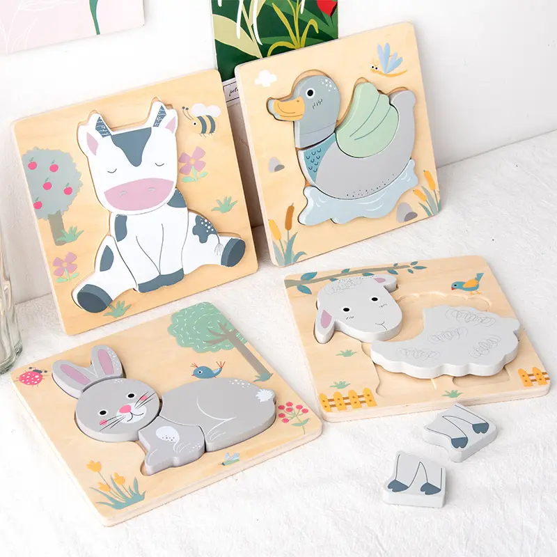 Apprentissage précoce Cognition Intelligence haute qualité 3D Puzzles en bois animaux de dessin animé éducatifs jeu de Puzzle pour enfants jouets