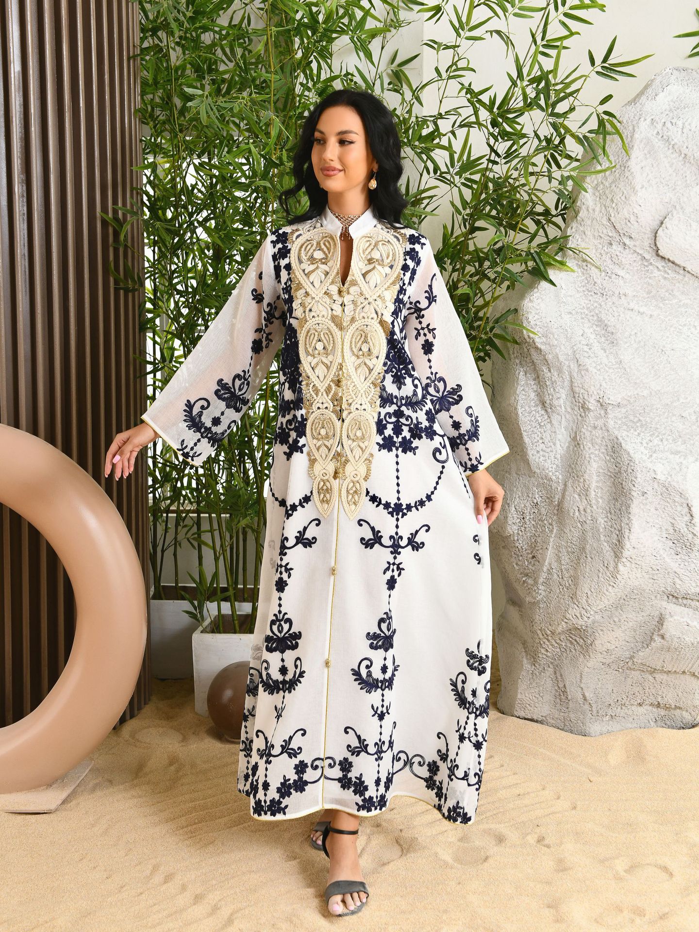 Dubai Arab Eid Al Fitr Middle East Gold Sequin Floral Embroidered Muslim Woman White Yarn Jalabiya Maxi Long Knee Length Dress
